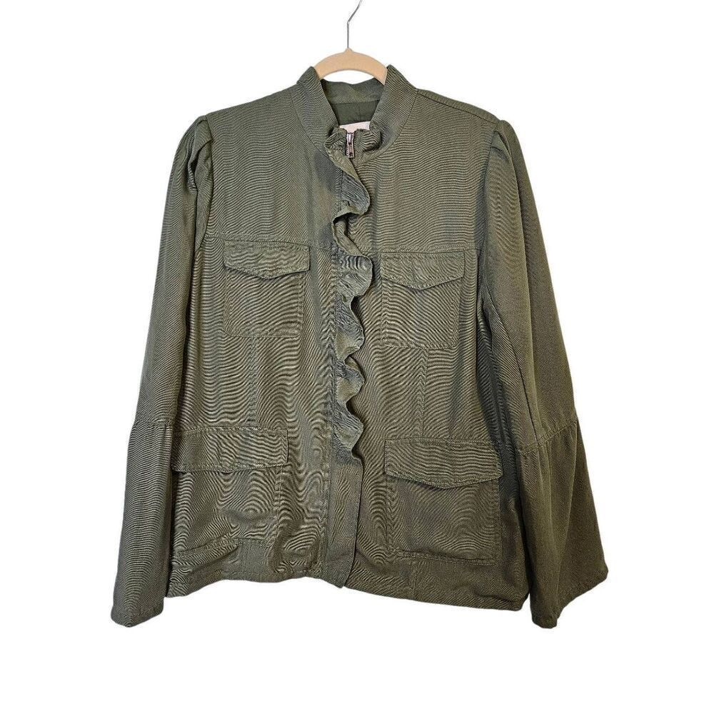 Hinge olive green jacket with bell cuffs and a ruffled zipper front. Size XL.